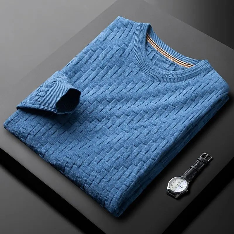 Men's crew neck jumper with a raised basket weave texture - mid blue