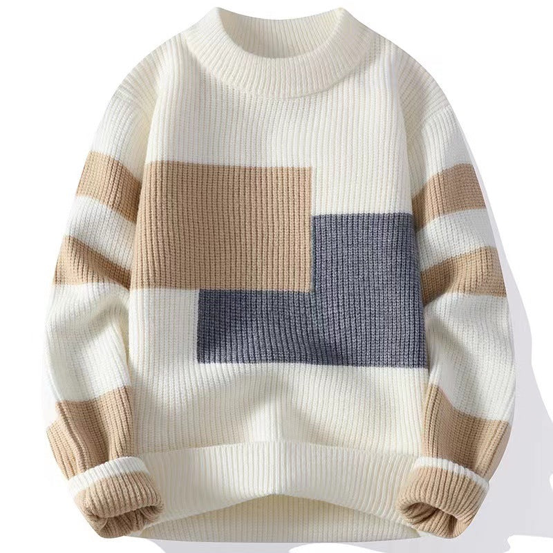 Men's knitted jumper with colour blocks on the front and striped sleeves - off-white