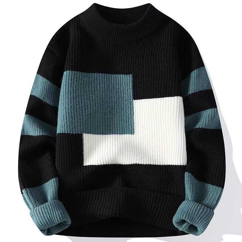 Men's knitted jumper with colour blocks on the front and striped sleeves - black