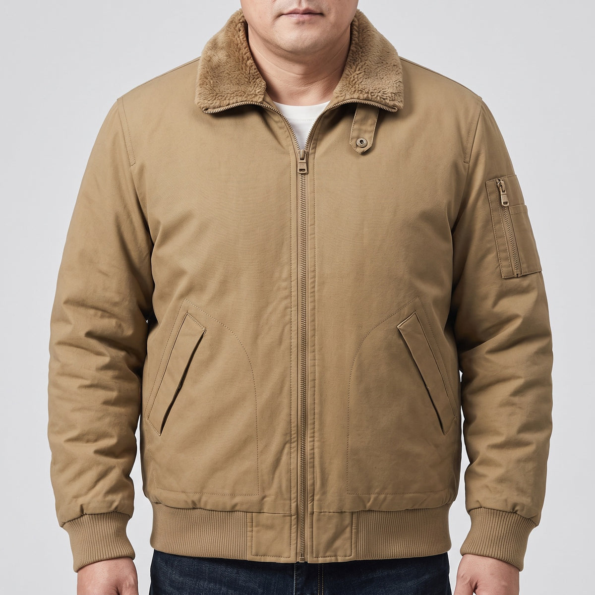 Men's bomber jacket with a sherpa collar and sleeve pocket - khaki