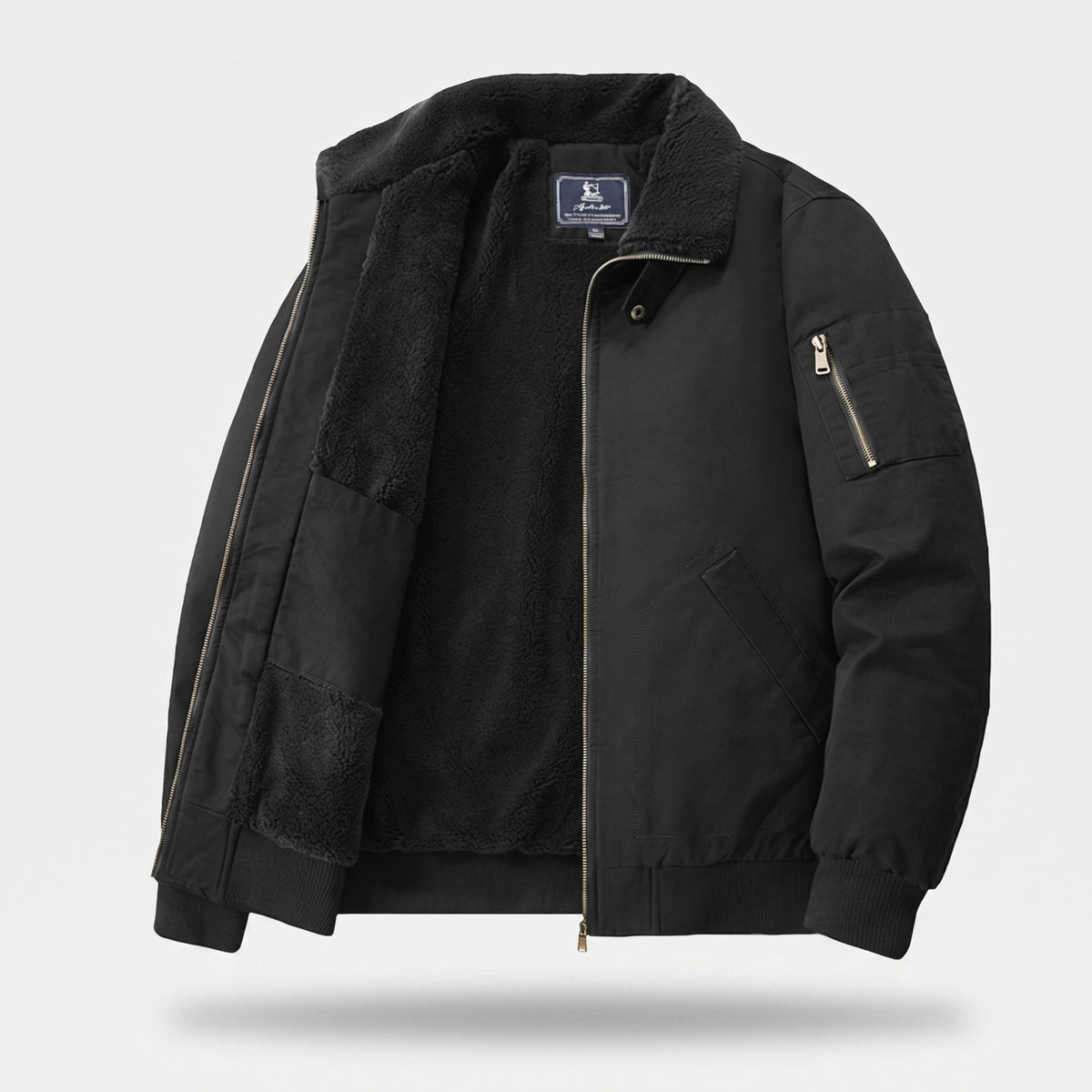 Men's bomber jacket with a sherpa collar and sleeve pocket - black