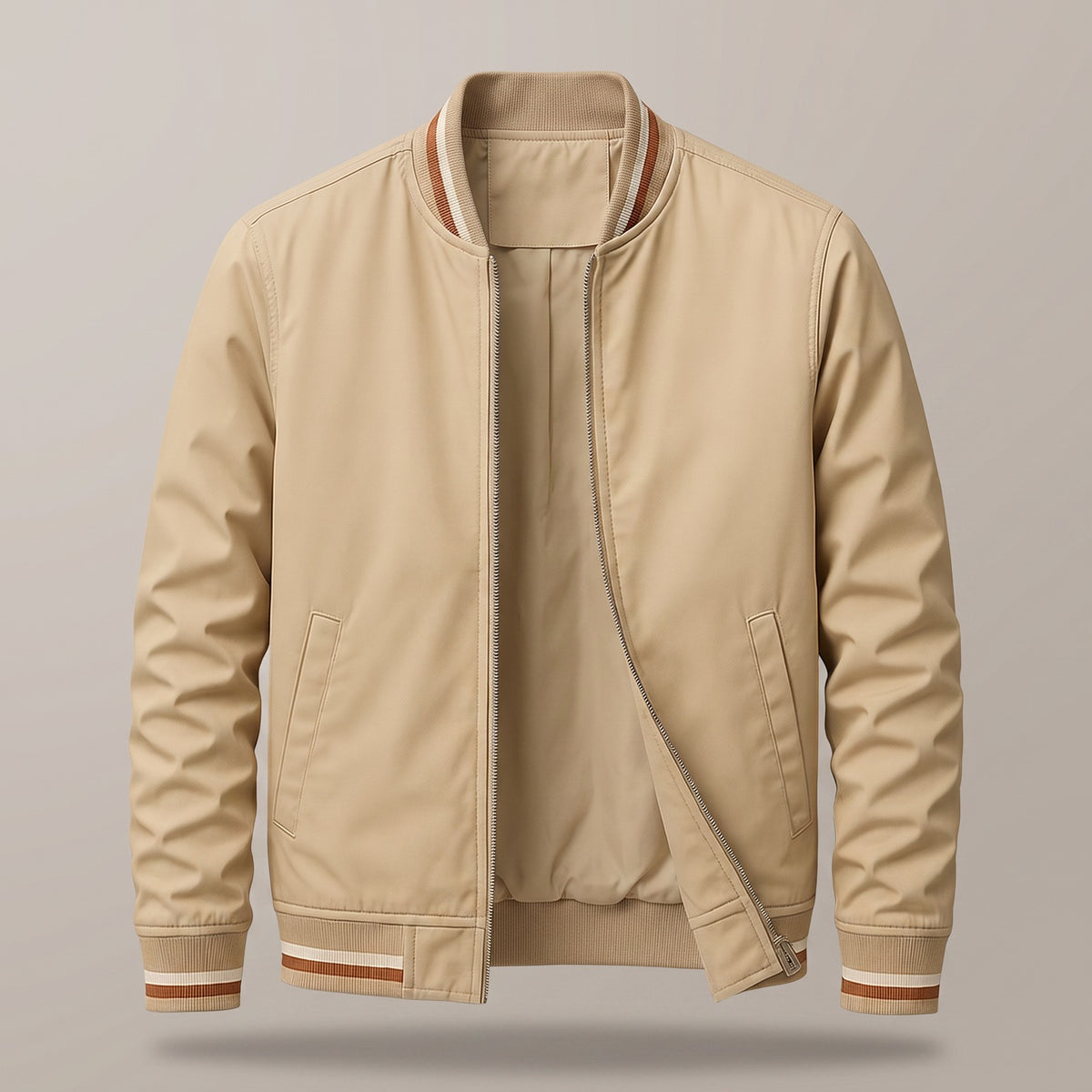 Men's bomber jacket with striped ribbed trims and a zip - beige