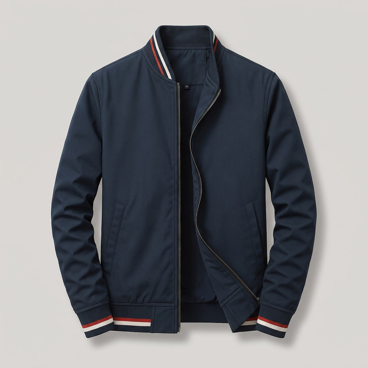 Men's bomber jacket with striped ribbed trims and a zip - navy