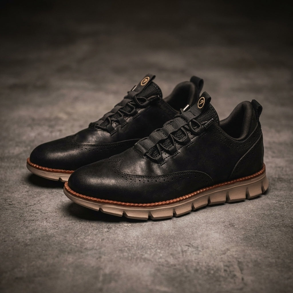Men's brogue trainers in smooth faux leather with elastic laces through loops and a treaded sole - black