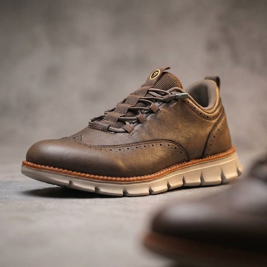 Men's brogue trainers in smooth faux leather with elastic laces through loops and a treaded sole - view 10