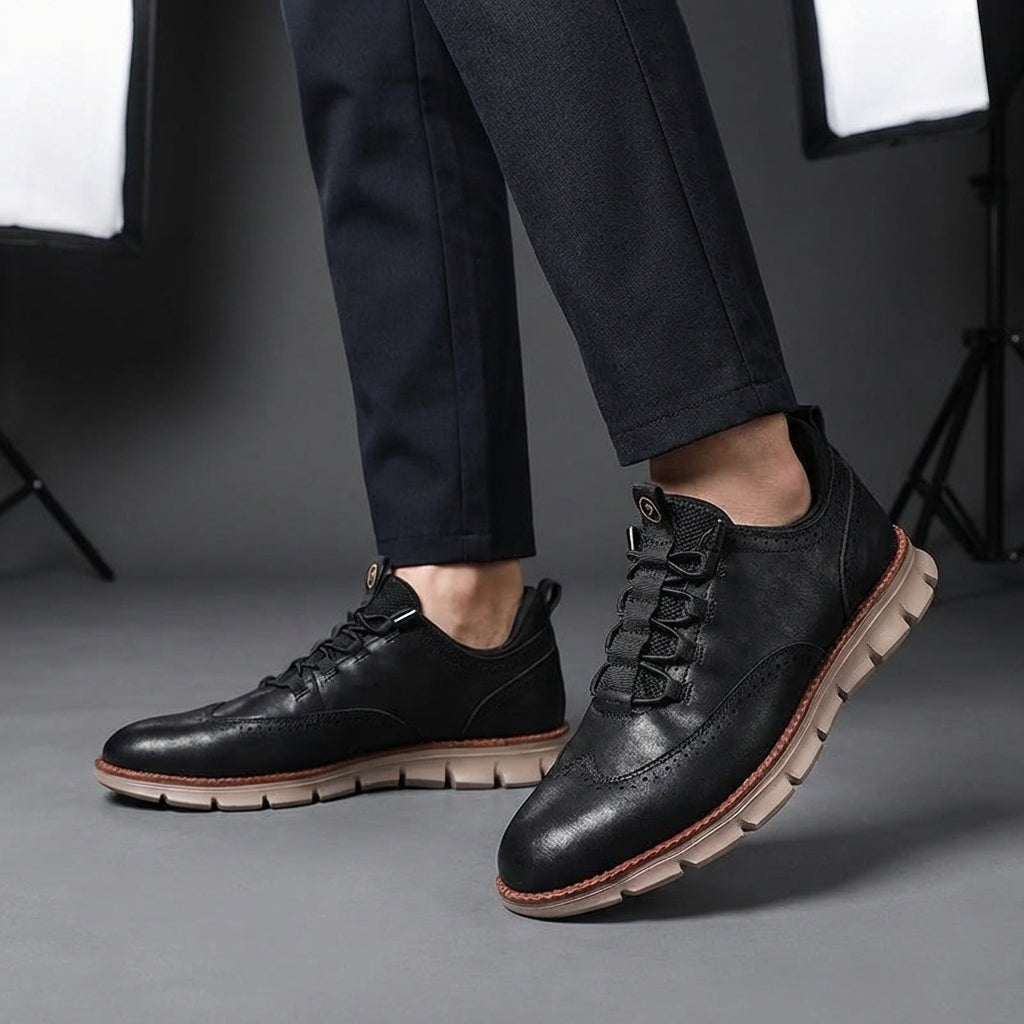 Men's brogue trainers in smooth faux leather with elastic laces through loops and a treaded sole - view 2