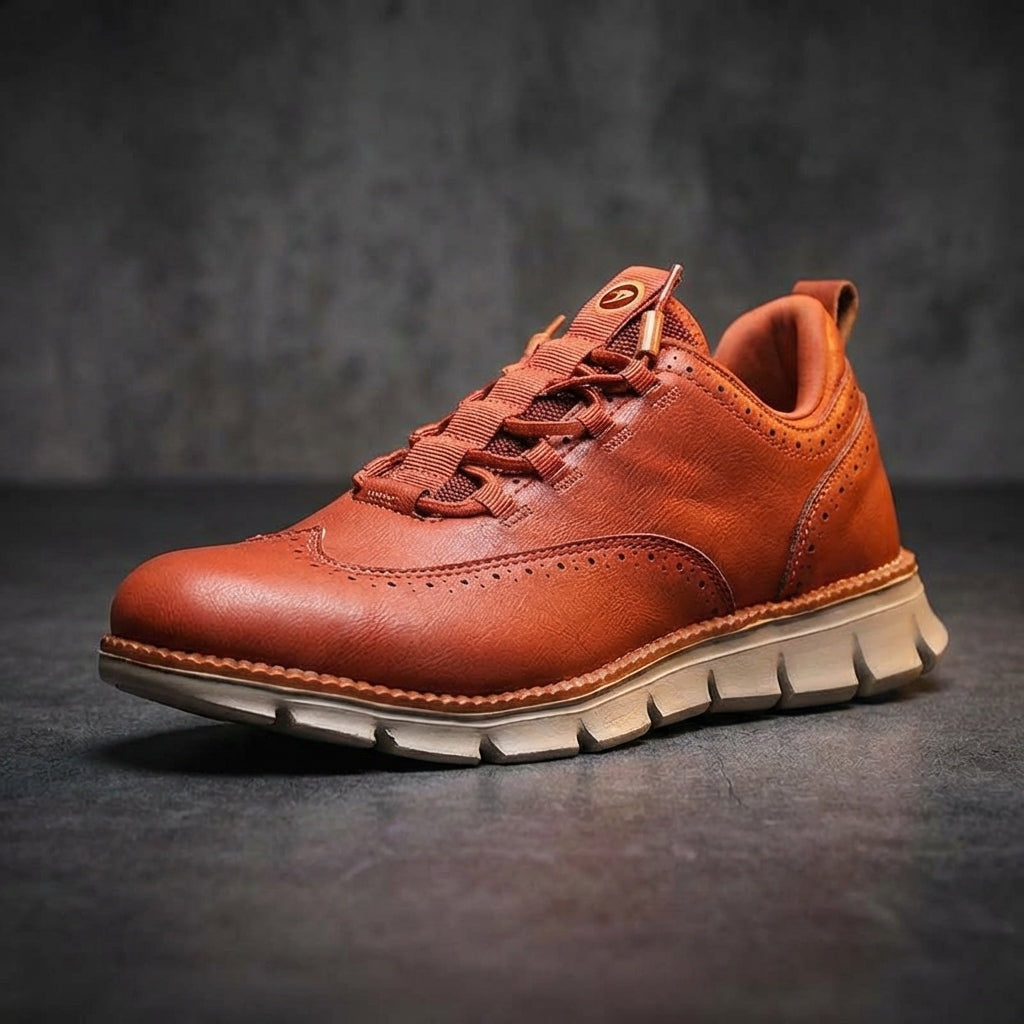 Men's brogue trainers in smooth faux leather with elastic laces through loops and a treaded sole - terracotta