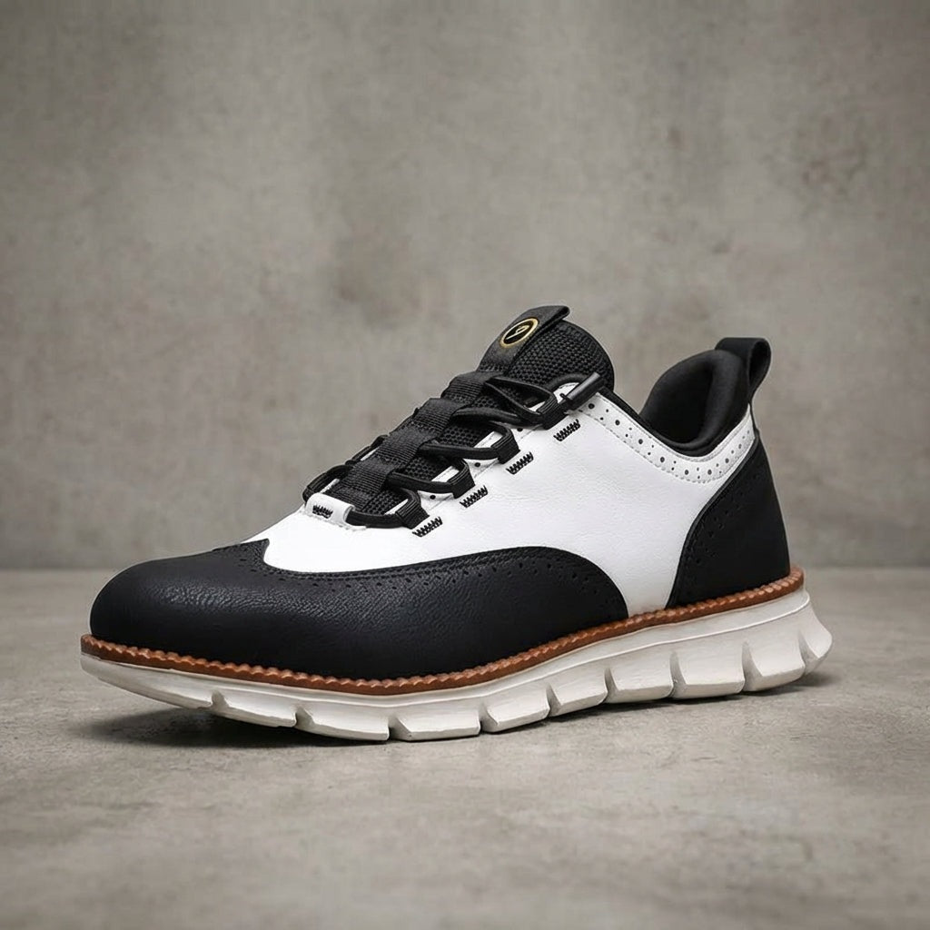 Men's brogue trainers in smooth faux leather with elastic laces through loops and a treaded sole - black and white