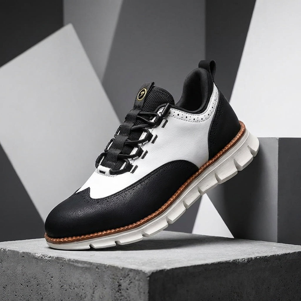 Men's brogue trainers in smooth faux leather with elastic laces through loops and a treaded sole - view 8