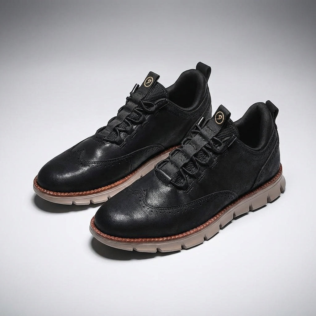 Men's brogue trainers in smooth faux leather with elastic laces through loops and a treaded sole - view 9