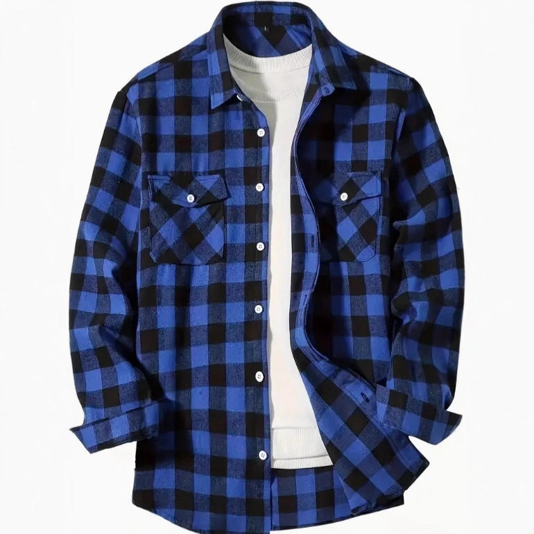 Men's buffalo check overshirt with two flap chest pockets - blue/black