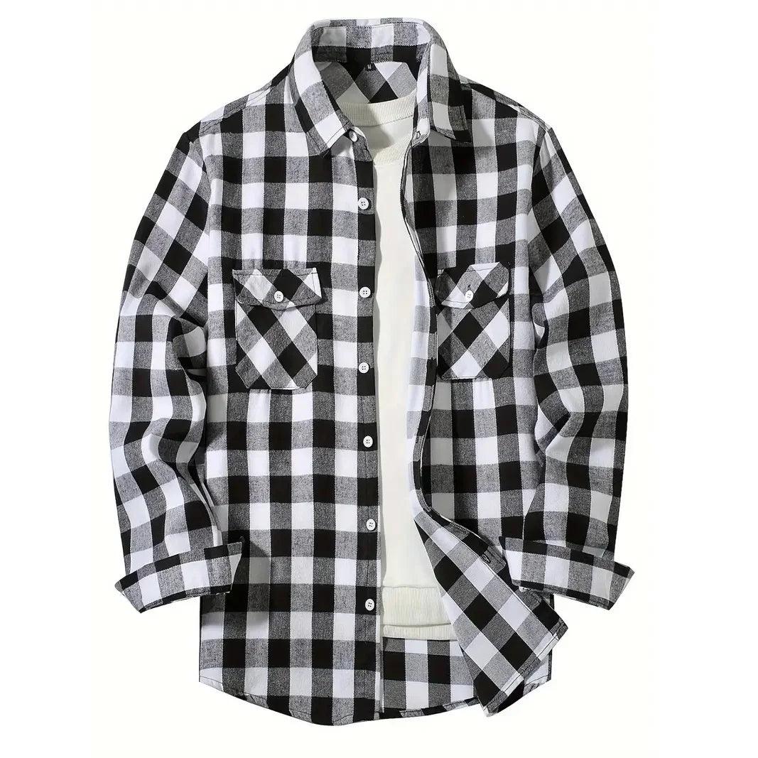 Men's buffalo check overshirt with two flap chest pockets - black/white