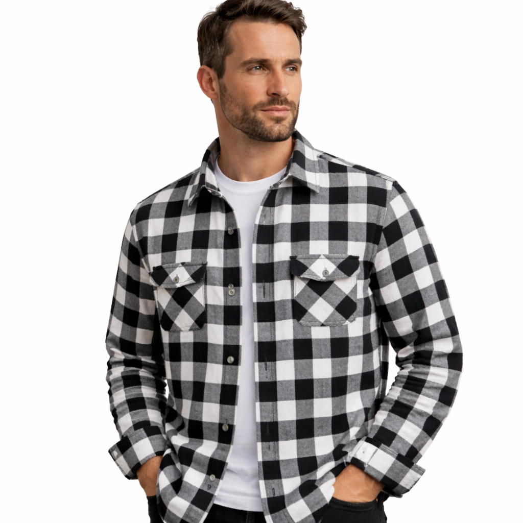 Men's buffalo check overshirt with two flap chest pockets