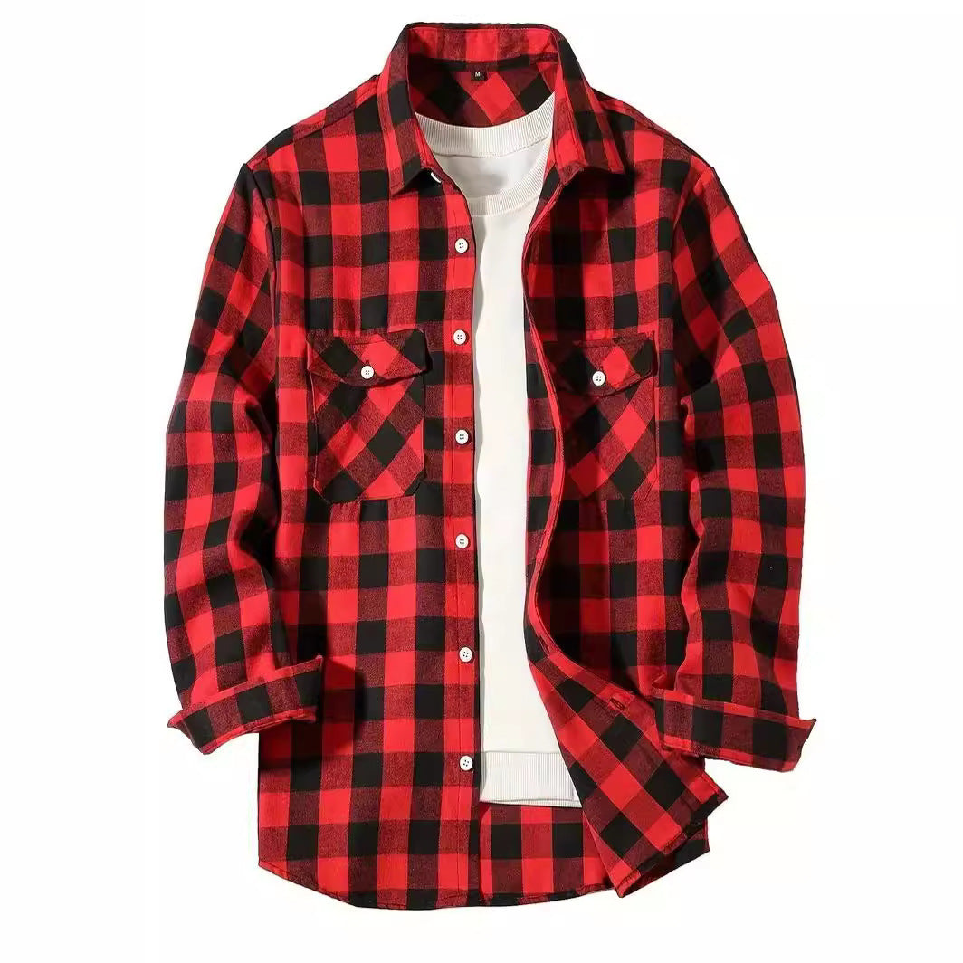 Men's buffalo check overshirt with two flap chest pockets - red/black