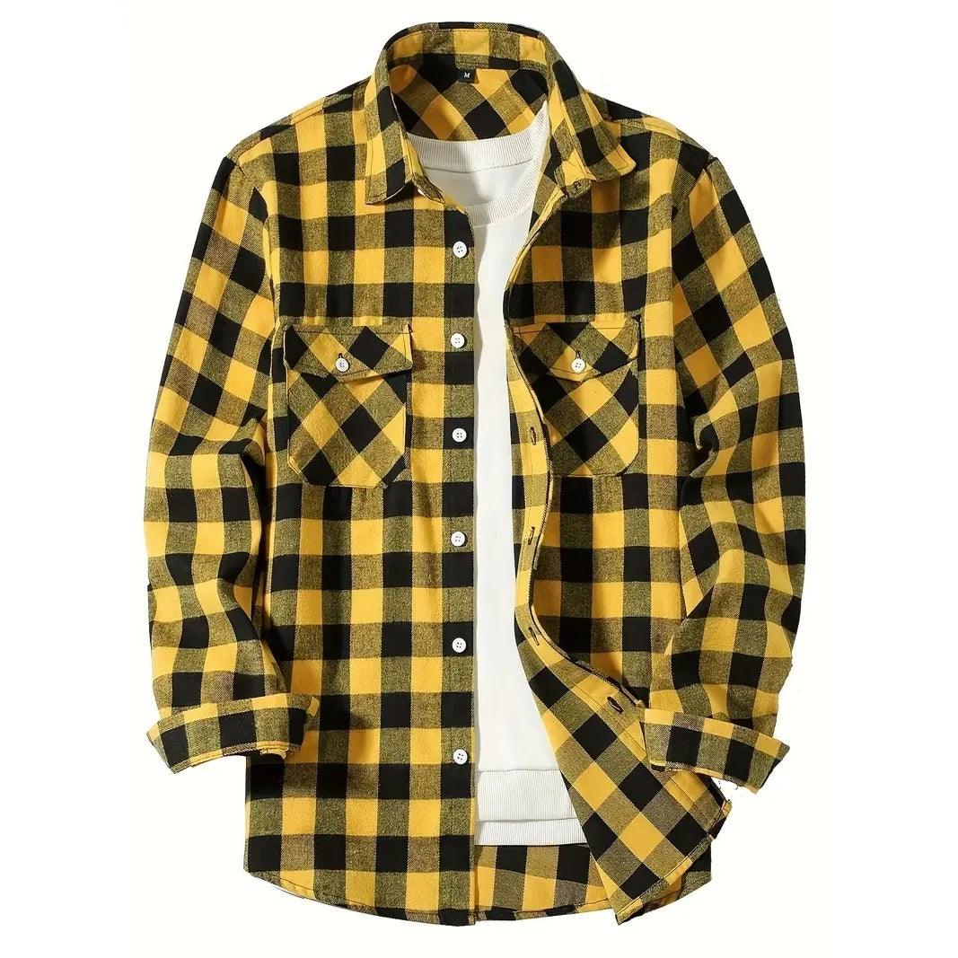 Men's buffalo check overshirt with two flap chest pockets - yellow/black