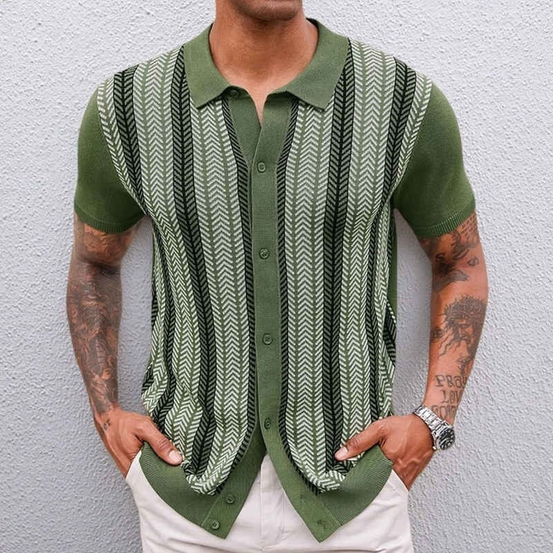 Men's knitted button-through polo with vertical jacquard stripes - olive green