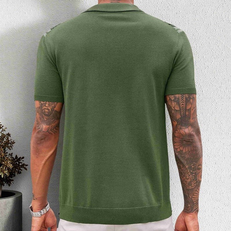 Men's knitted button-through polo with vertical jacquard stripes - view 2