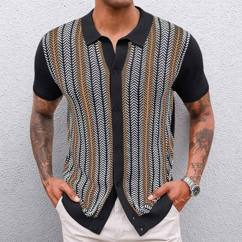 Men's knitted button-through polo with vertical jacquard stripes - black