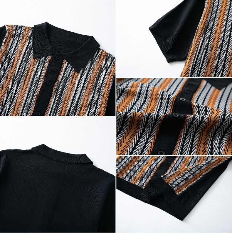 Men's knitted button-through polo with vertical jacquard stripes - view 5