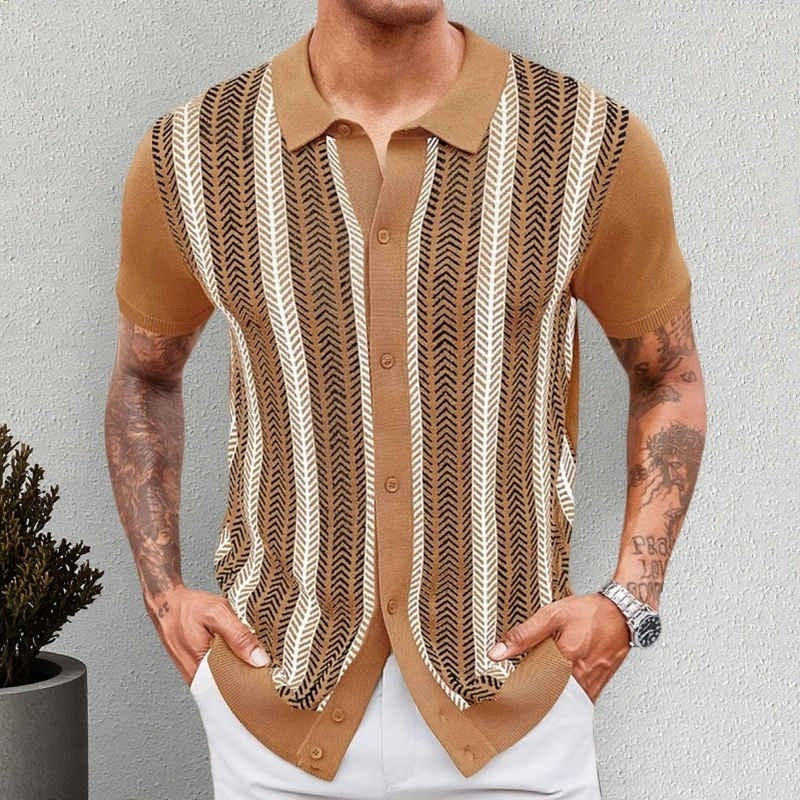 Men's knitted button-through polo with vertical jacquard stripes - camel