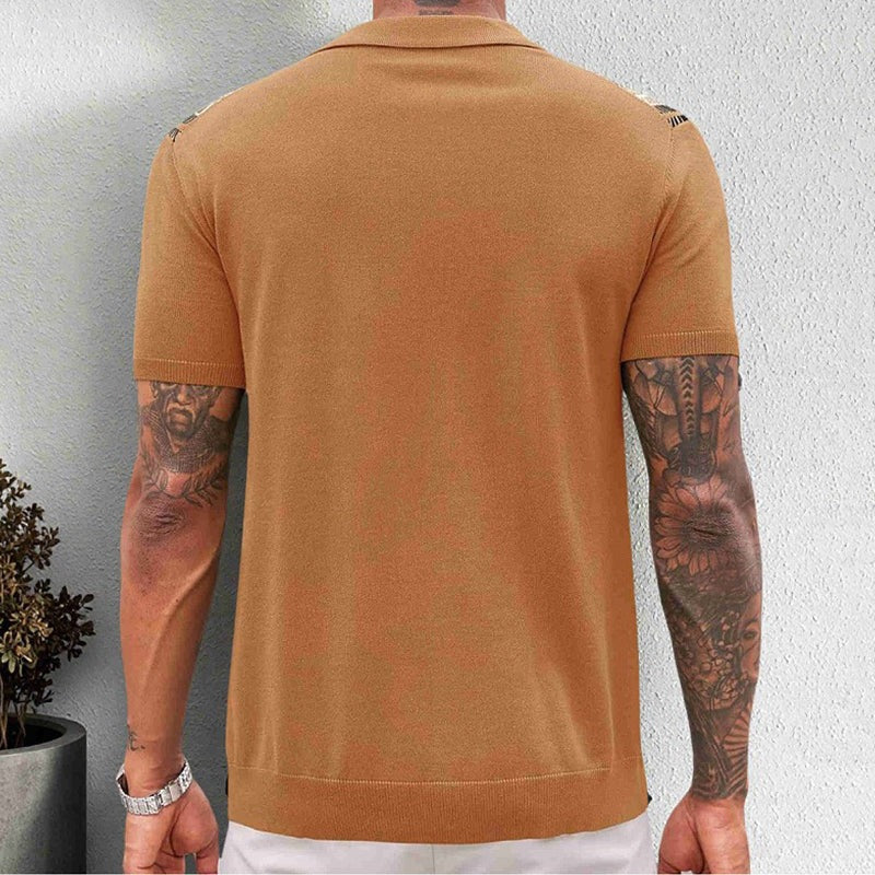 Men's knitted button-through polo with vertical jacquard stripes - view 7