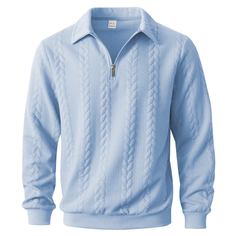 Men's quarter-zip jumper with a cable jacquard and polo collar - light blue