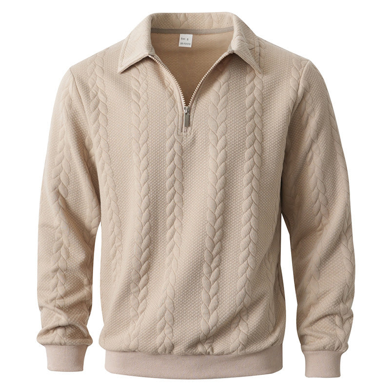 Men's quarter-zip jumper with a cable jacquard and polo collar - beige