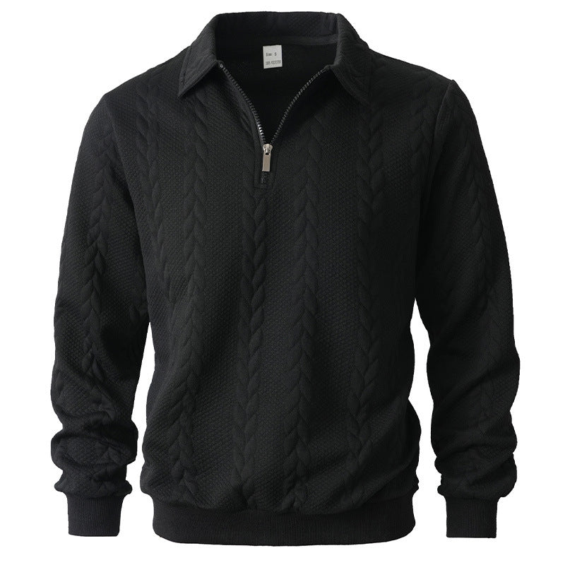 Men's quarter-zip jumper with a cable jacquard and polo collar - black
