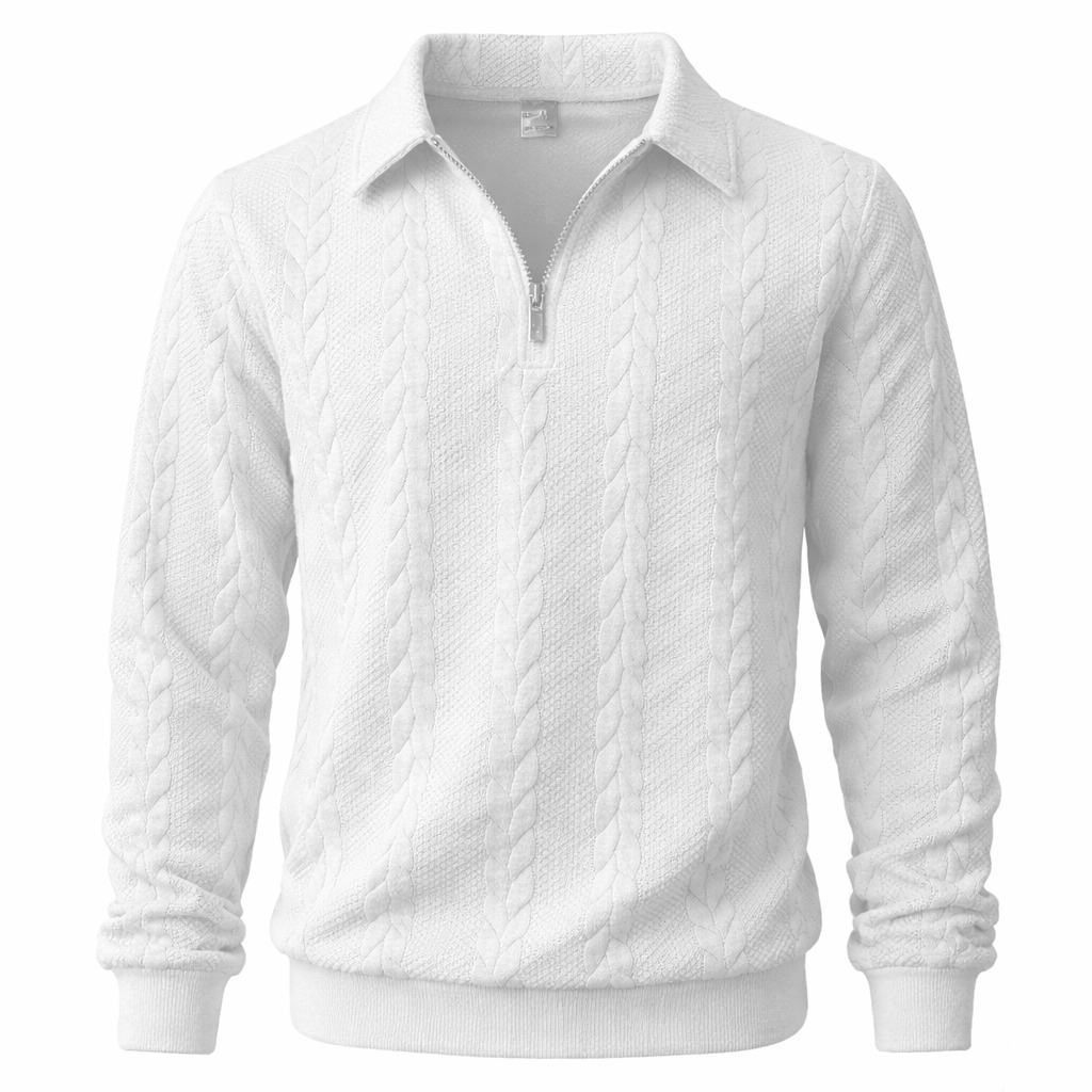 Men's quarter-zip jumper with a cable jacquard and polo collar - white