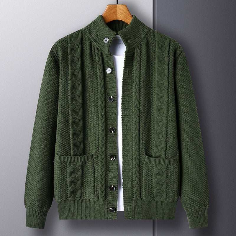 Men's cable knit cardigan with a stand collar, button front and patch pockets - view 2