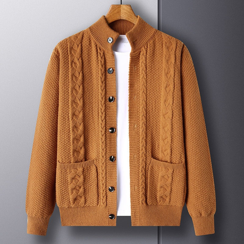 Men's cable knit cardigan with a stand collar, button front and patch pockets - cognac