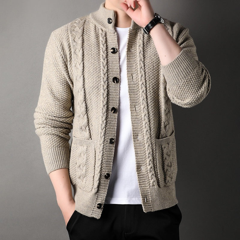Men's cable knit cardigan with a stand collar, button front and patch pockets - beige