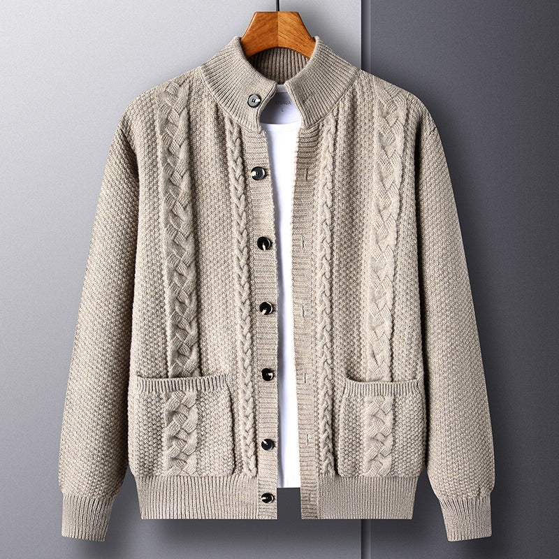 Men's cable knit cardigan with a stand collar, button front and patch pockets - view 6