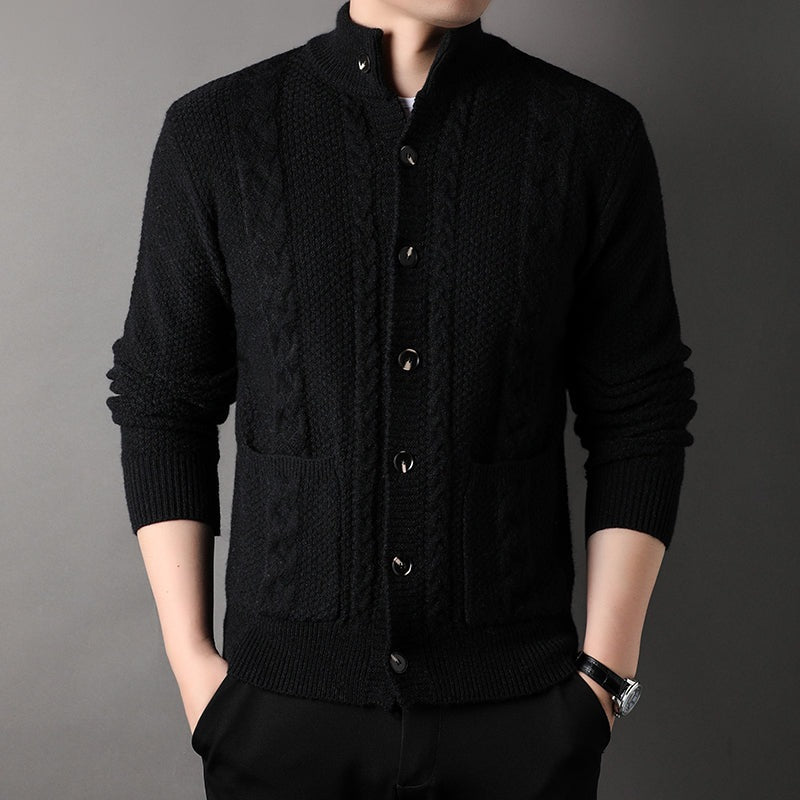Men's cable knit cardigan with a stand collar, button front and patch pockets - black