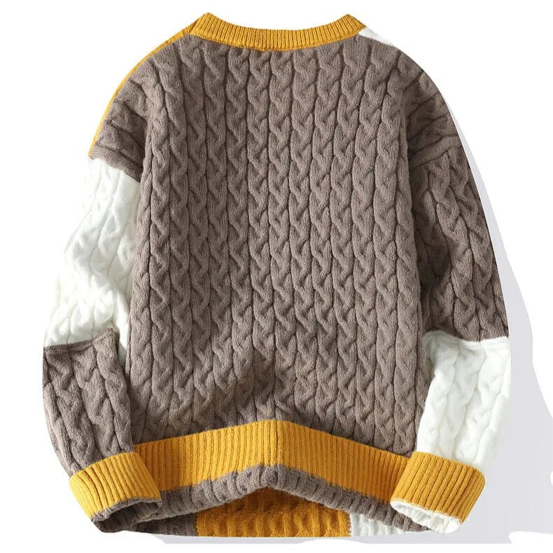 Men's relaxed cable knit jumper with colour block patchwork panels - view 7