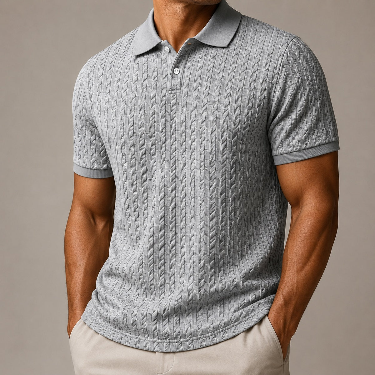 Men's raised cable knit polo with a ribbed collar and two buttons - light grey