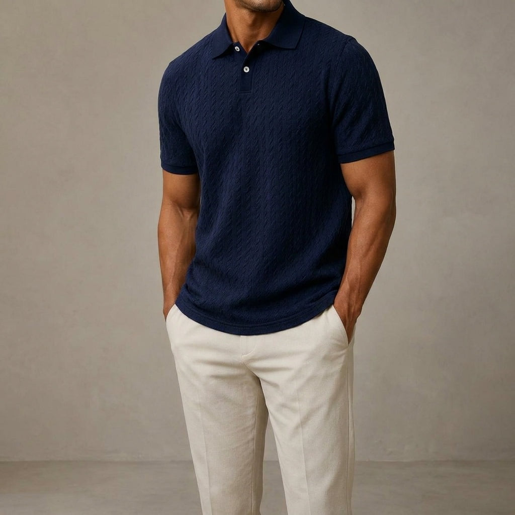 Men's raised cable knit polo with a ribbed collar and two buttons - view 10