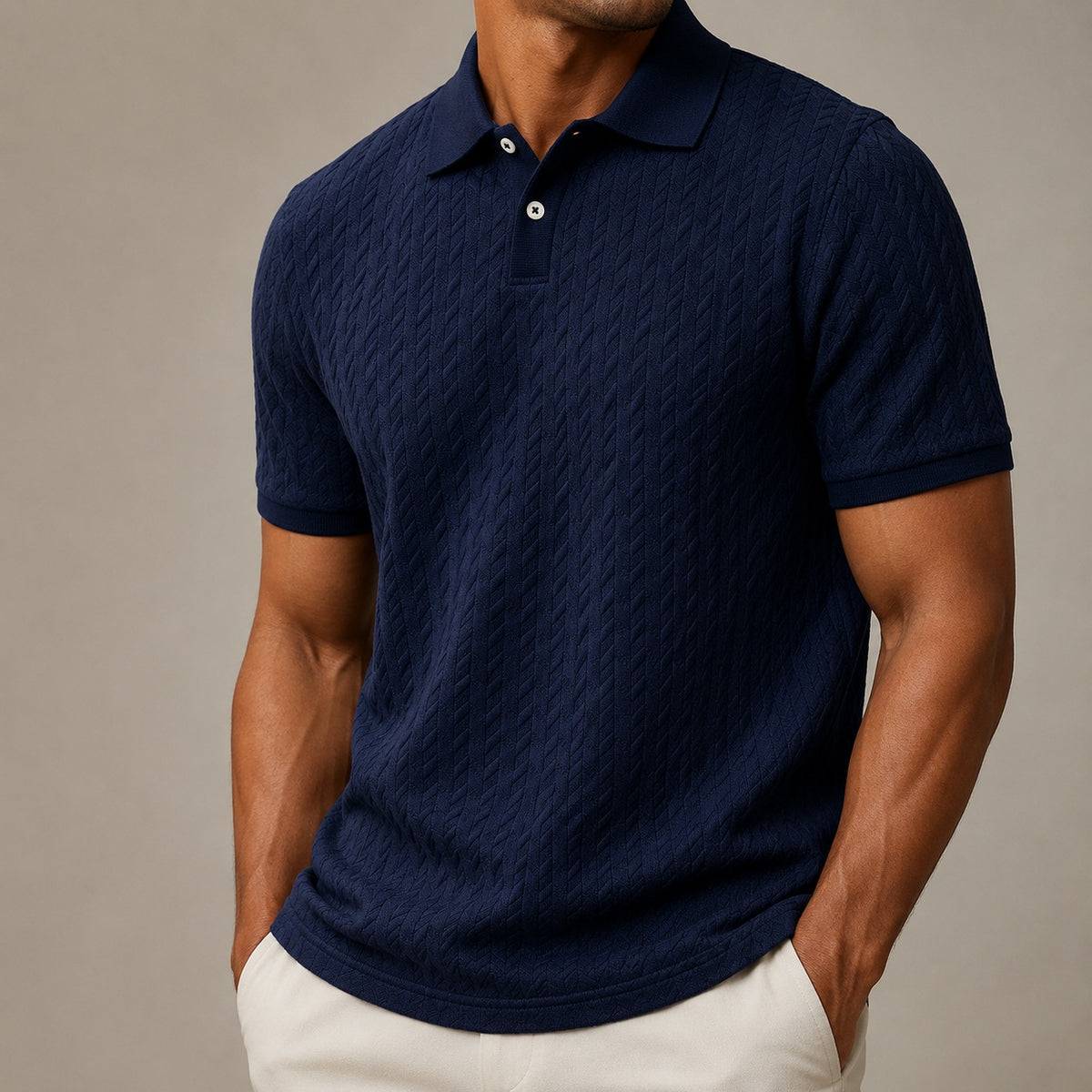 Men's raised cable knit polo with a ribbed collar and two buttons - navy