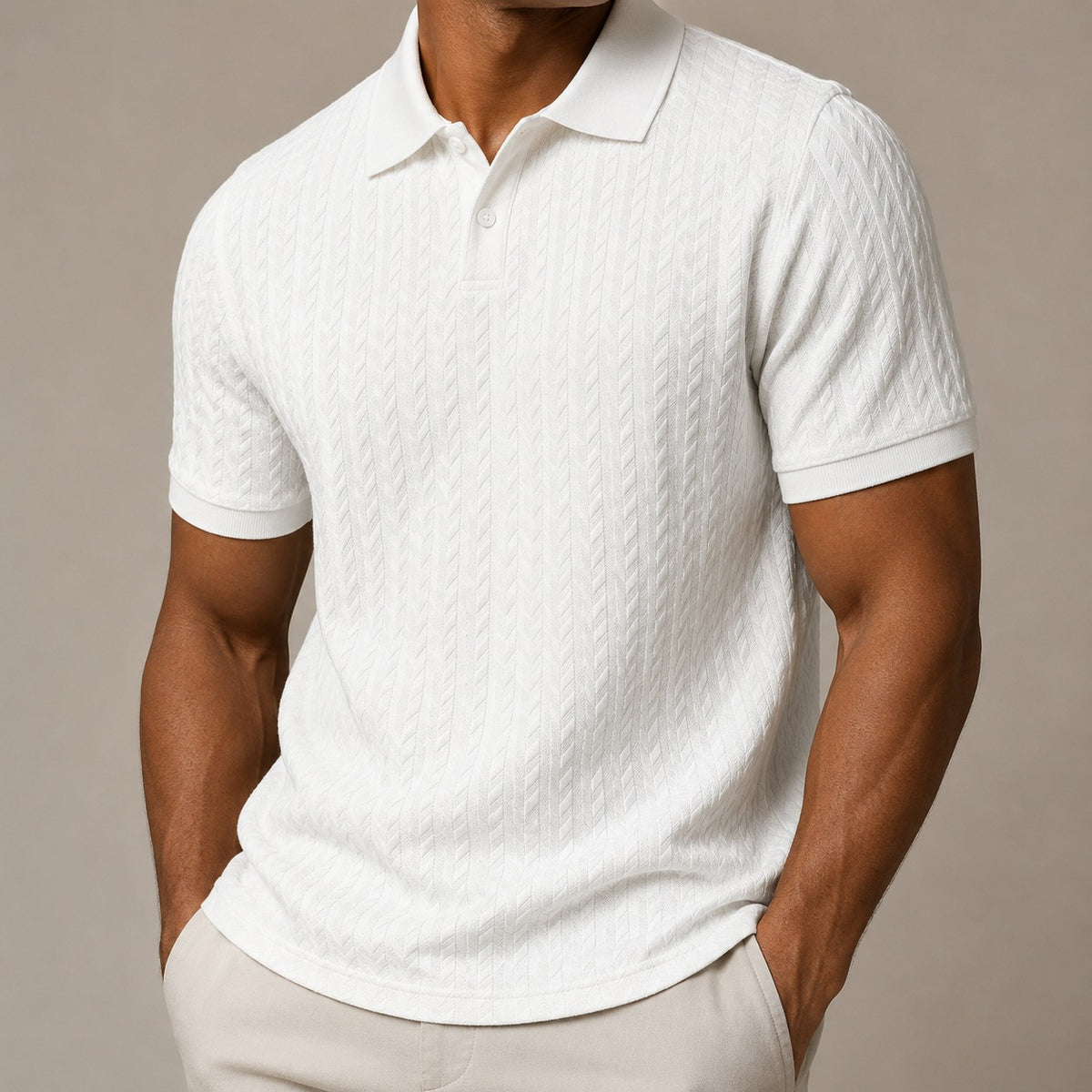 Men's raised cable knit polo with a ribbed collar and two buttons - white