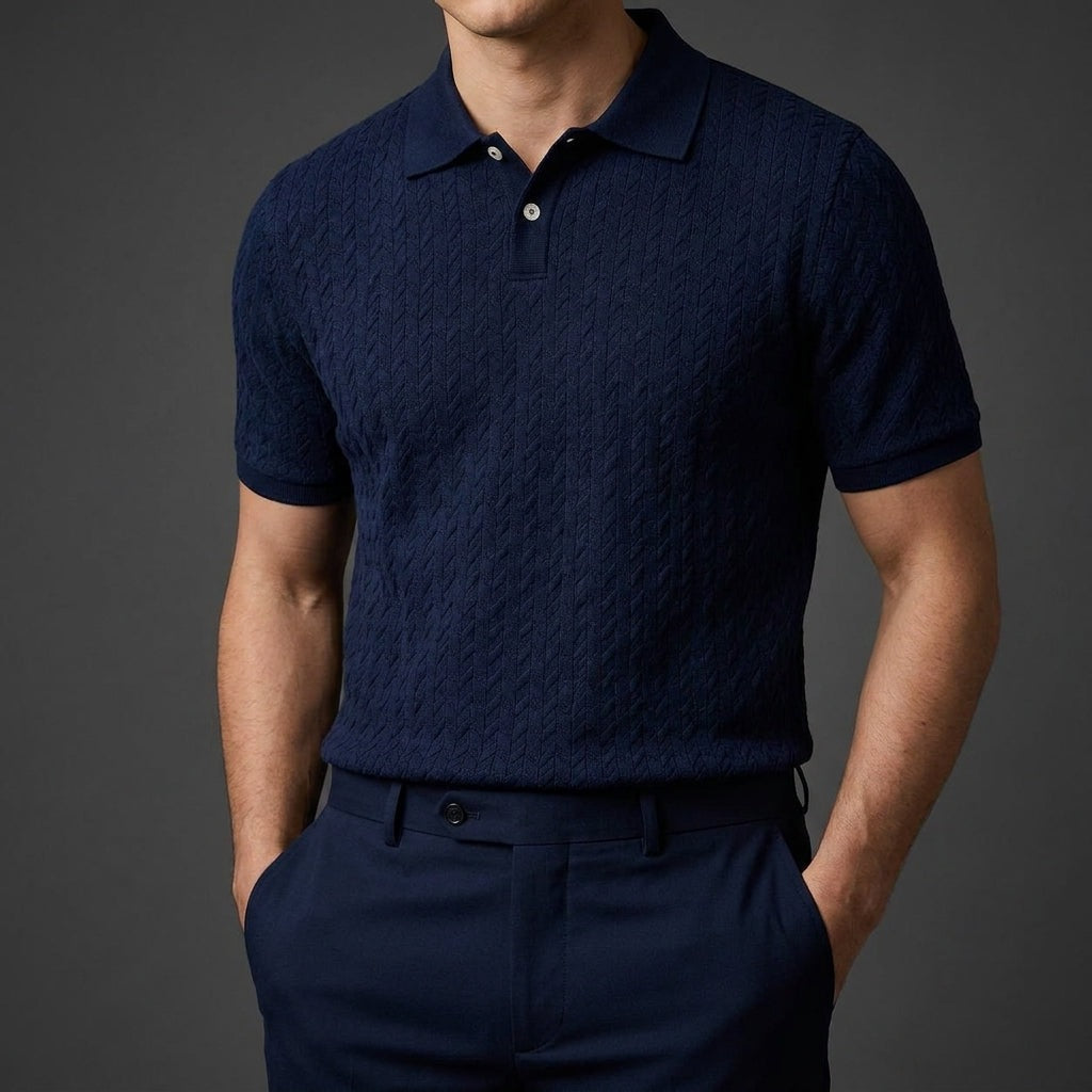 Men's raised cable knit polo with a ribbed collar and two buttons - view 9