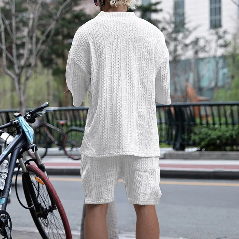 Men's cable knit two-piece set with a V-neck top and shorts - view 2