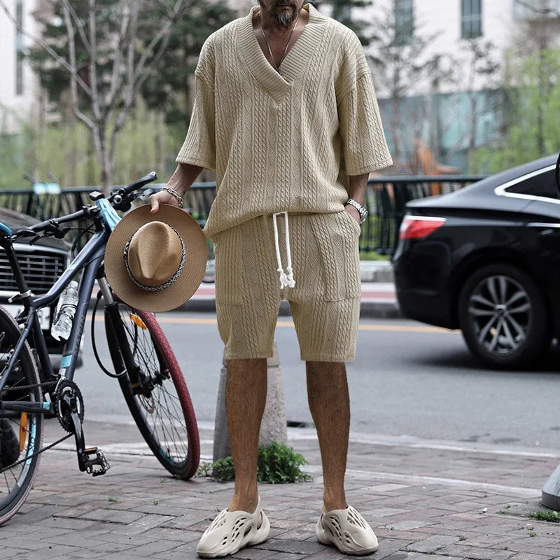 Men's cable knit two-piece set with a V-neck top and shorts - beige