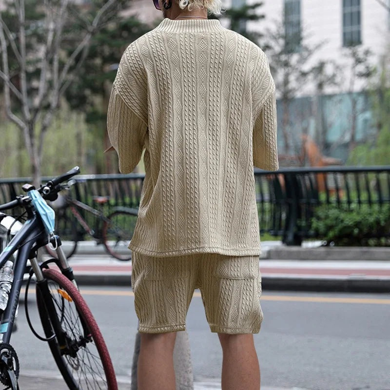 Men's cable knit two-piece set with a V-neck top and shorts - view 6