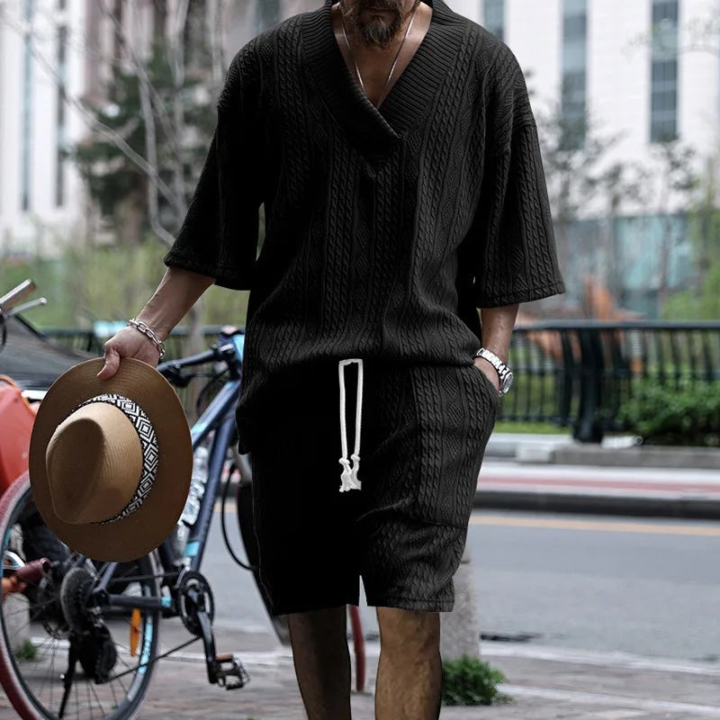 Men's cable knit two-piece set with a V-neck top and shorts - black