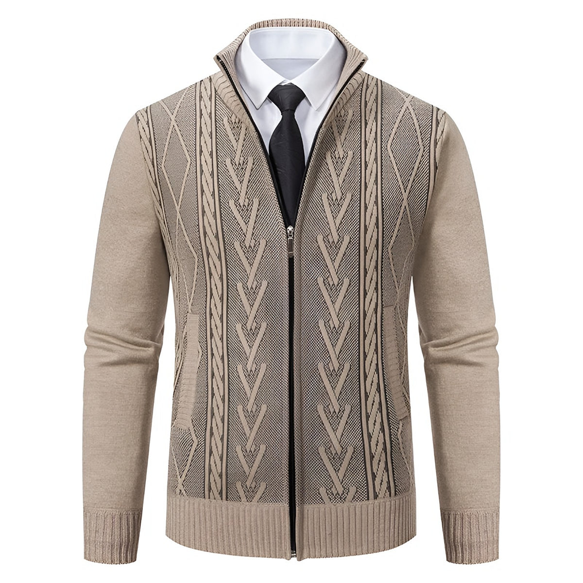 Men's beige cable knit zip cardigan with a stand collar, front