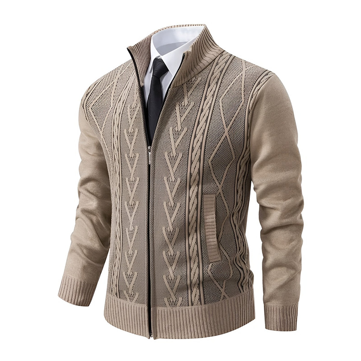 Men's beige cable knit zip cardigan from an angle