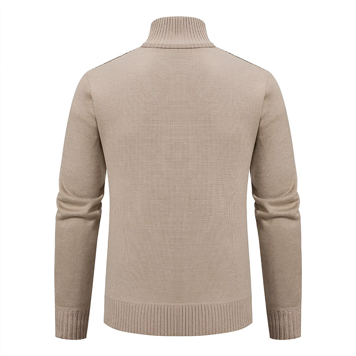 Men's beige knit zip cardigan, back