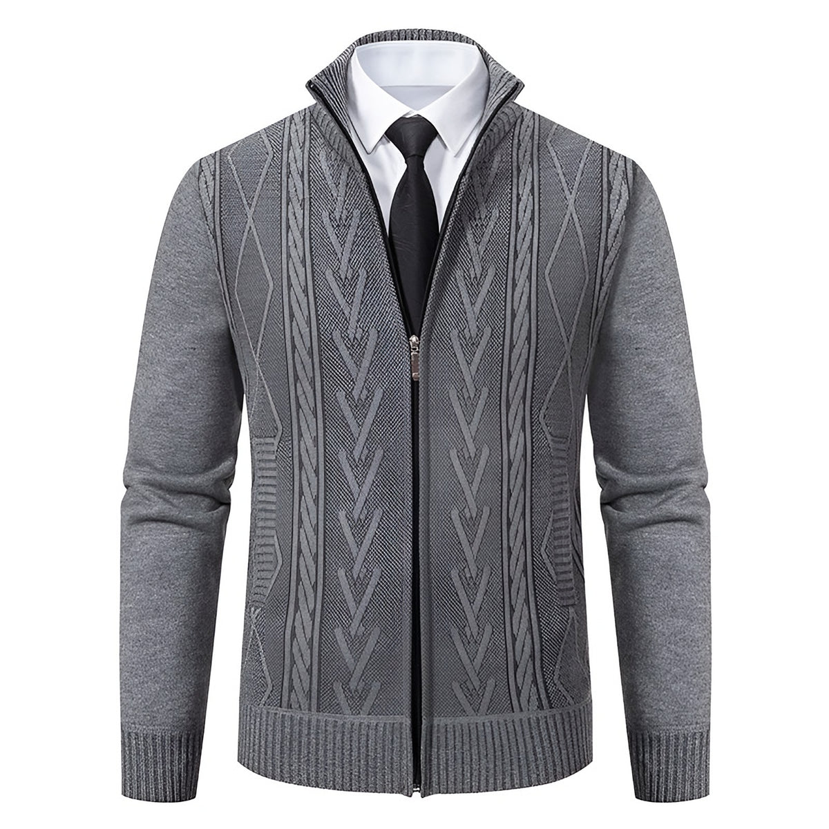 Men's light grey cable knit zip cardigan with a stand collar, front
