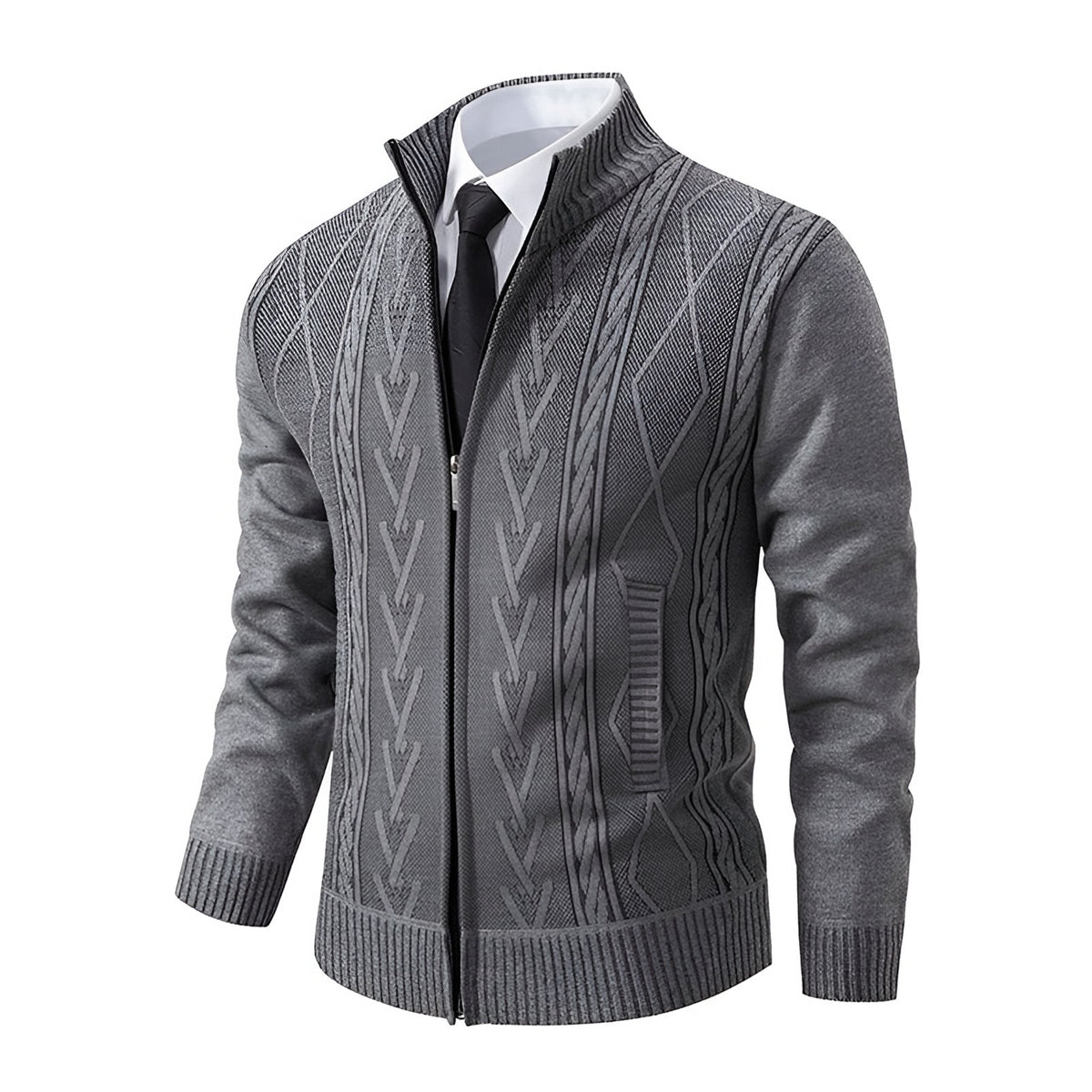 Men's light grey cable knit zip cardigan from an angle