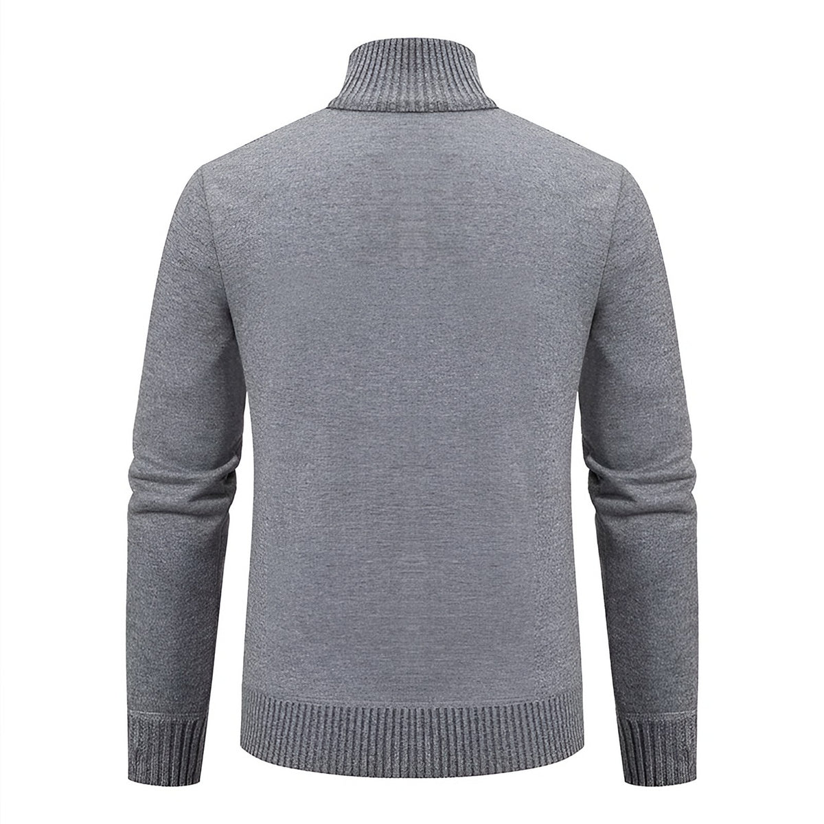 Men's light grey knit zip cardigan, back